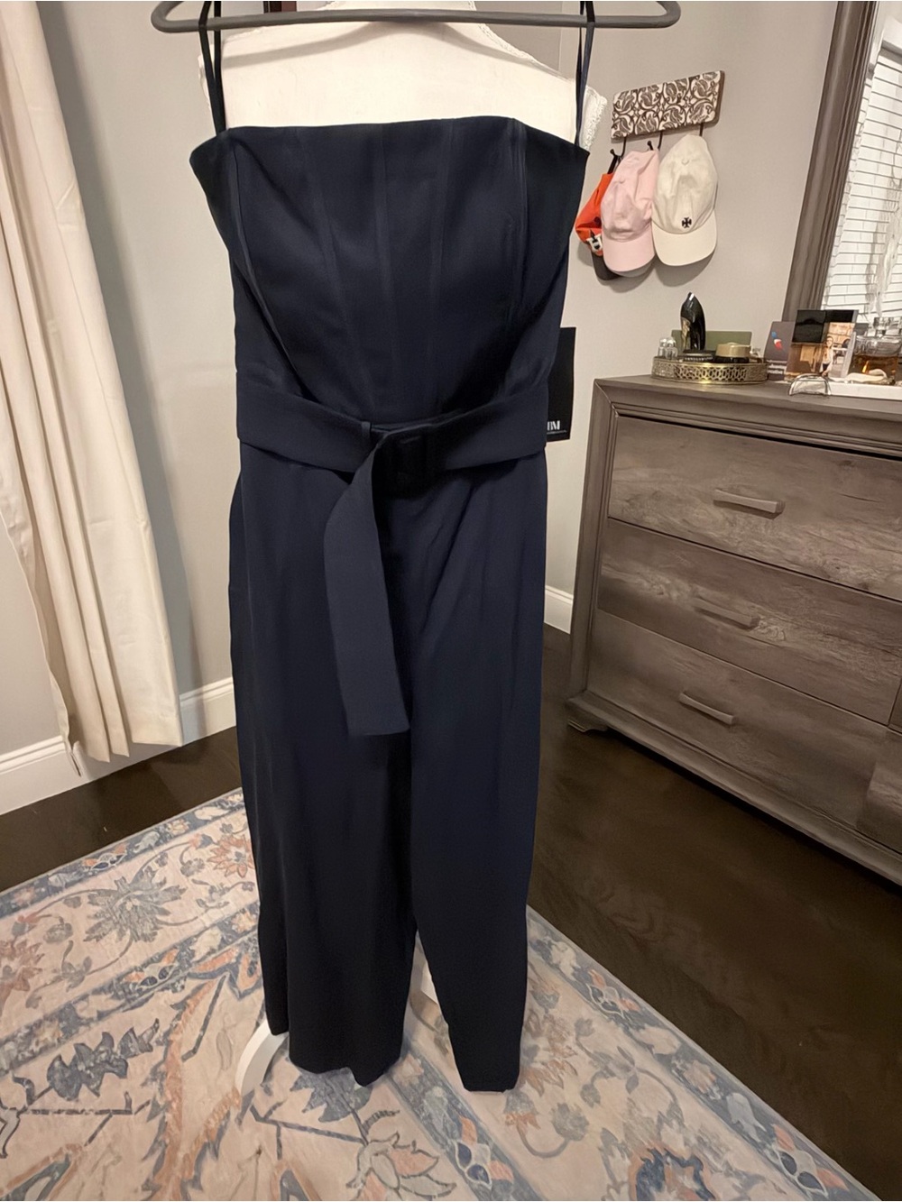 White House Black Market Strapless Navy Belted Wide-Leg Jumpsuit